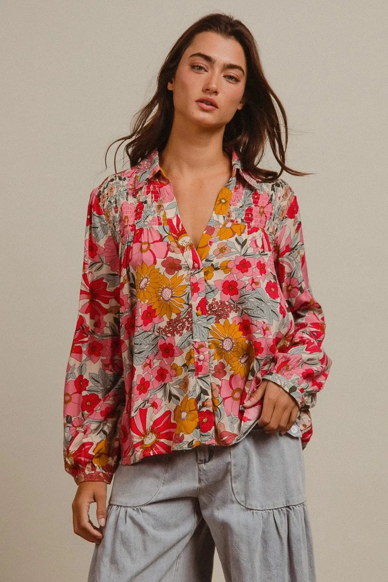 BiBi Tropical Floral Button-Up Blouse Vibrant Long Sleeve Relaxed Fit Top - NeoKira Unlimited
