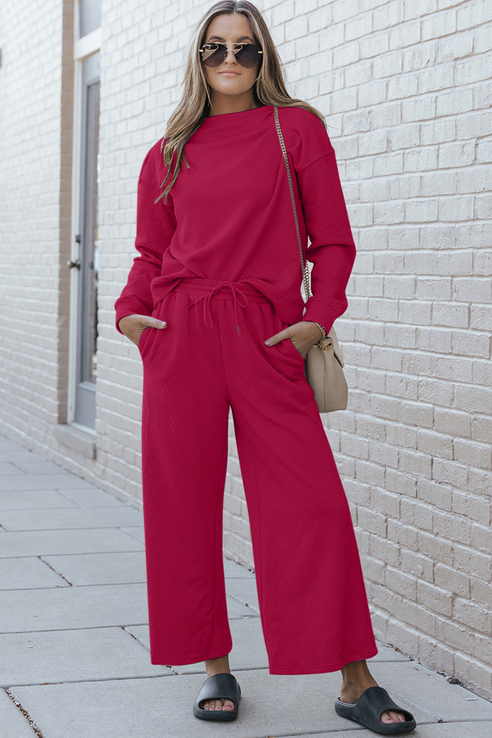 Double Take Full Size Textured Long Sleeve Top and Drawstring Pants Set Pants Set Trendsi Cerise 2XL 