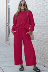 Double Take Full Size Textured Long Sleeve Top and Drawstring Pants Set Pants Set Trendsi Cerise S 