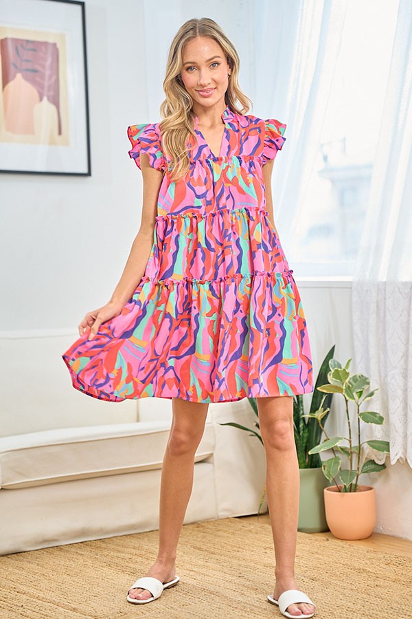 First Love Full Size Printed Ruffle Cap Sleeve Tiered Dress Mini Dress Trendsi   