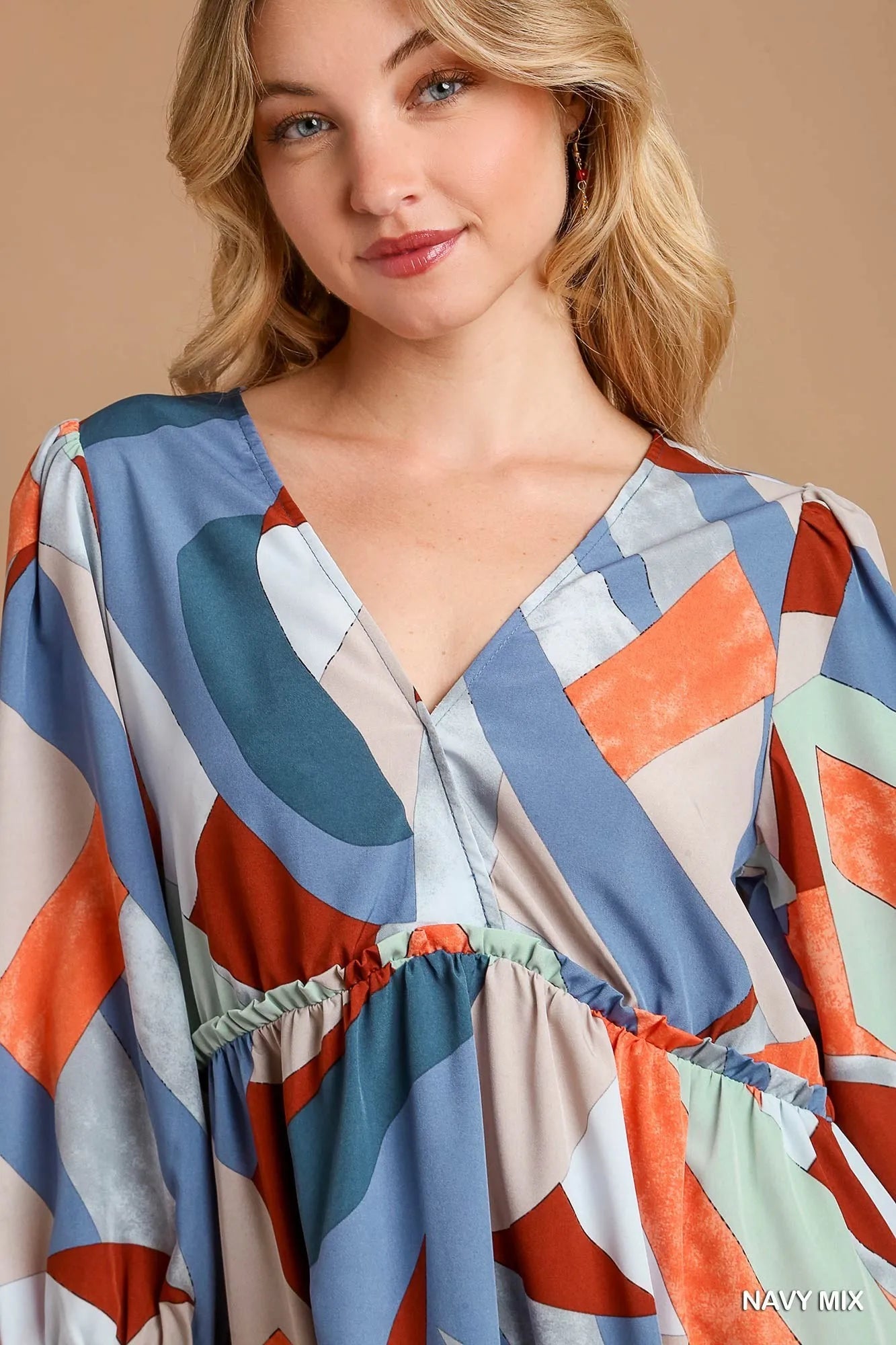 Umgee Abstract Geometric V-Neck Tiered Printed Dress - NeoKira Unlimited