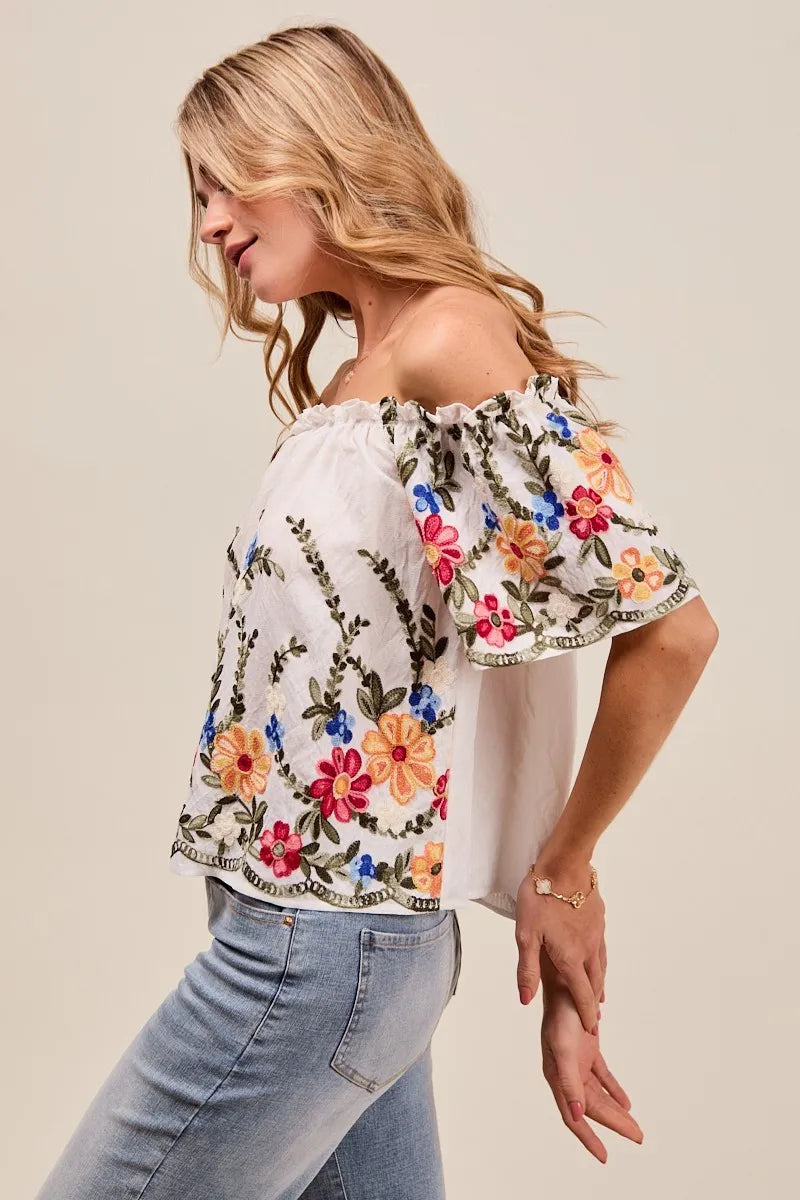 SO ME Floral Embroidered Off Shoulder Blouse With Ruffle Detail – Boho Chic - NeoKira Unlimited