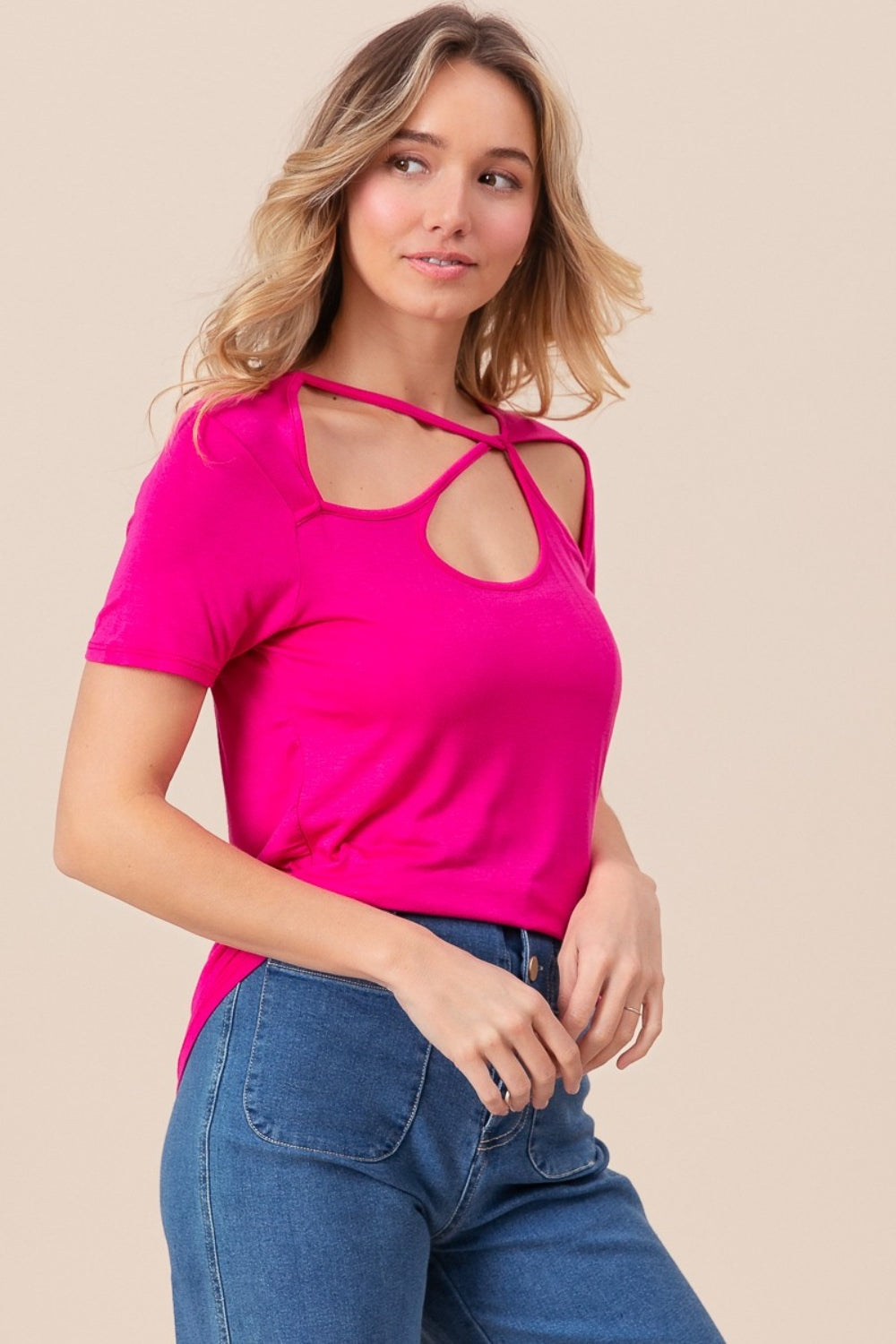 BiBi Cutout Asymmetrical Neck Short Sleeve T-Shirt T-Shirt Trendsi   