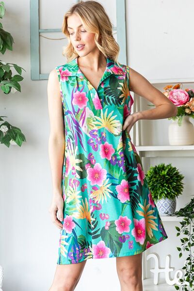 Heimish Full Size Floral Johnny Collar Sleeveless Dress Plus Size - NeoKira Unlimited
