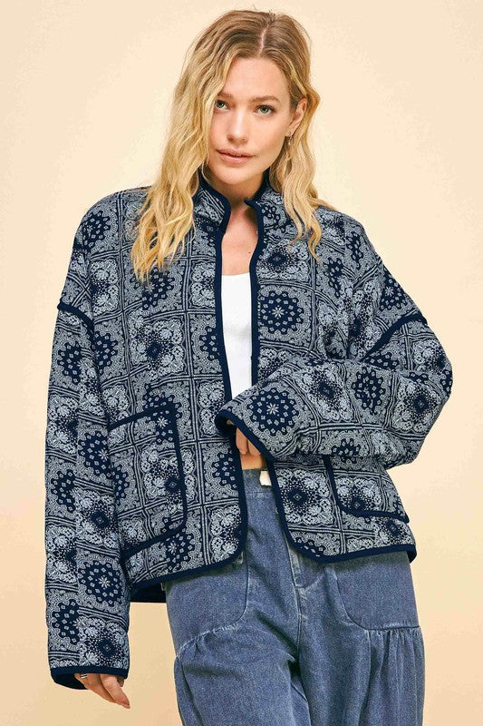 Davi & Dani Vintage Print Open Front Jacket with Pockets - NeoKira Unlimited