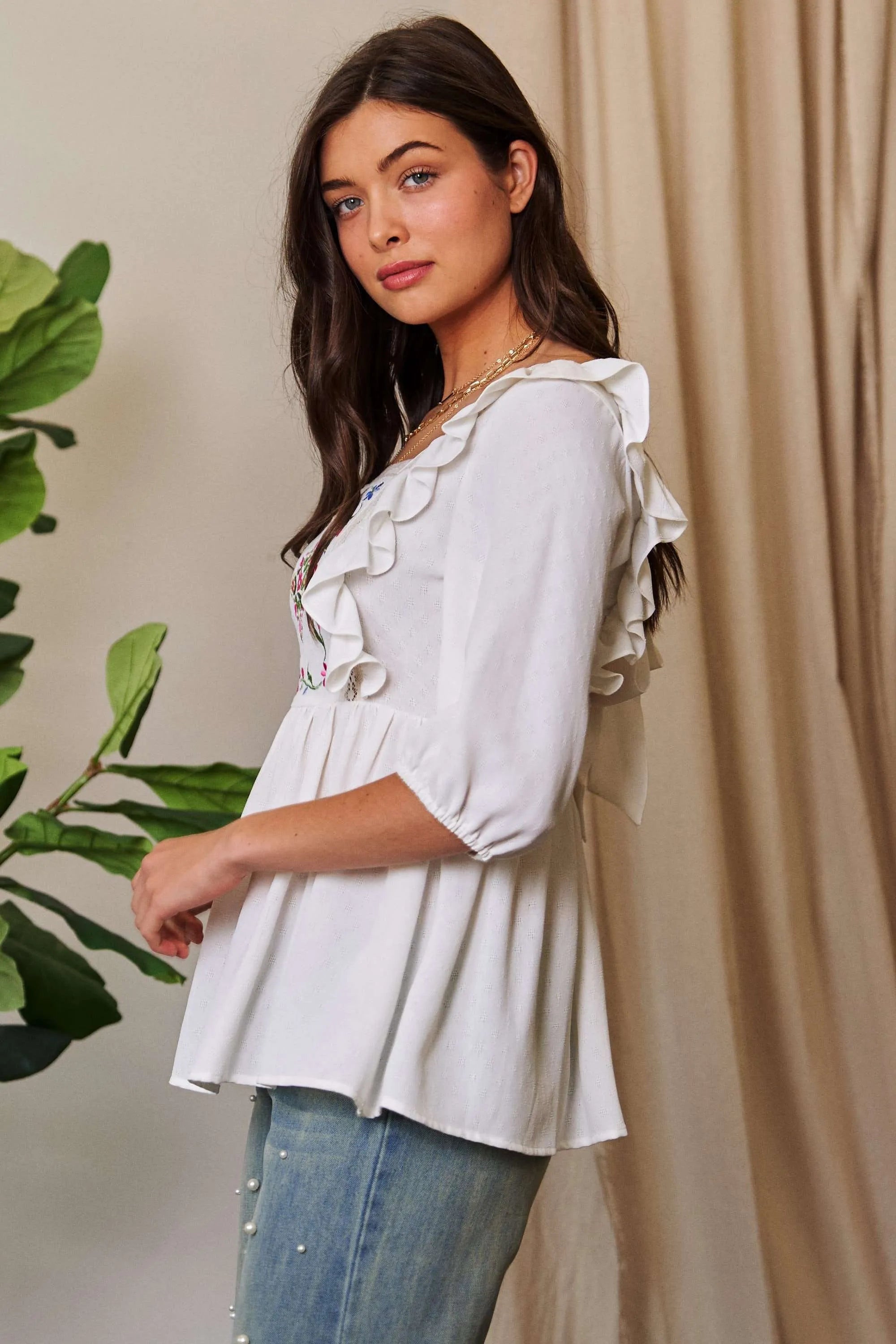Davi & Dani Texture Tie Back Floral Embroidery Frill Romantic Blouse - NeoKira Unlimited