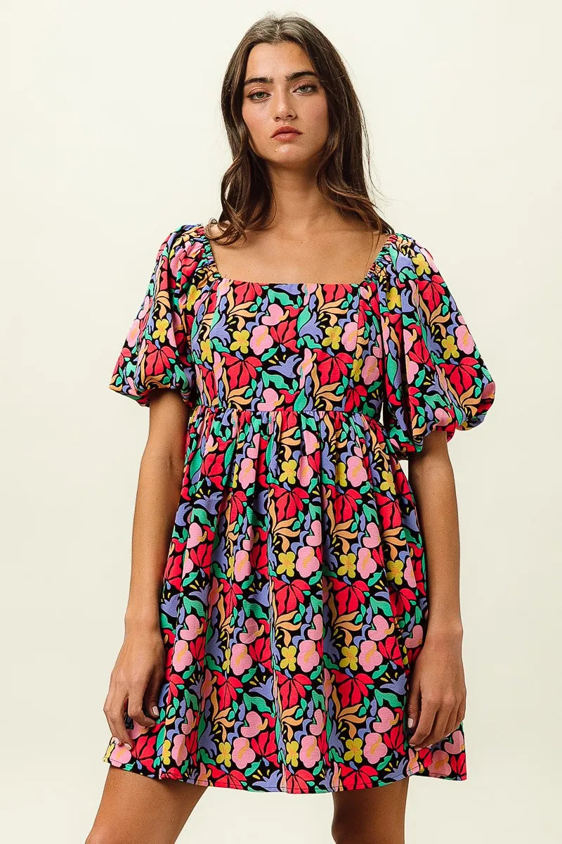 BiBi Tropical Boho Floral Print Puff Sleeve Square Neck Dress - NeoKira Unlimited