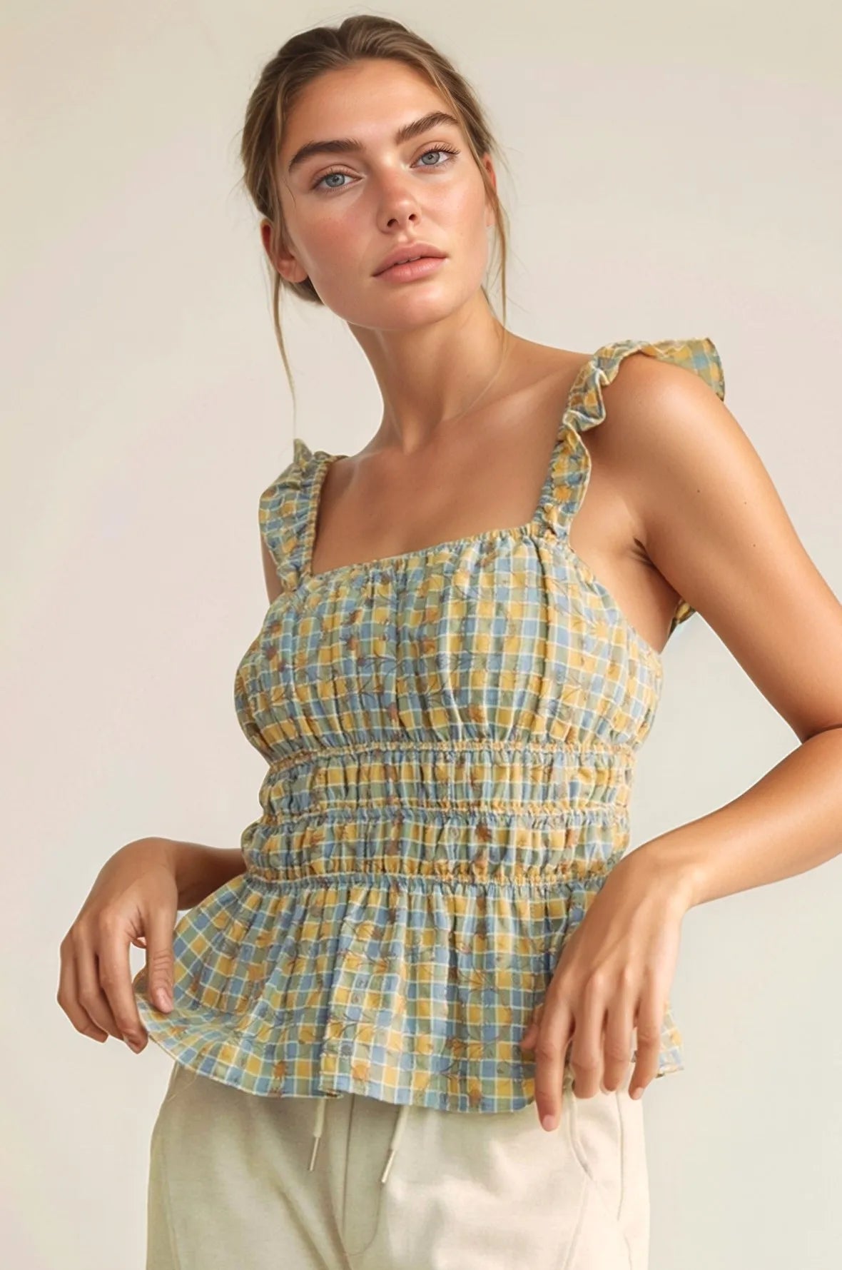 Davi & Dani Plaid Ruffled Strap Smocked Sleeveless Top - NeoKira Unlimited