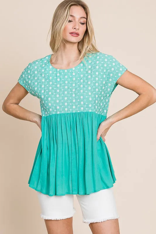 Lime 'N' Chili Full Size Embroidered Short Sleeve Pleated Babydoll Top Plus Size - NeoKira Unlimited