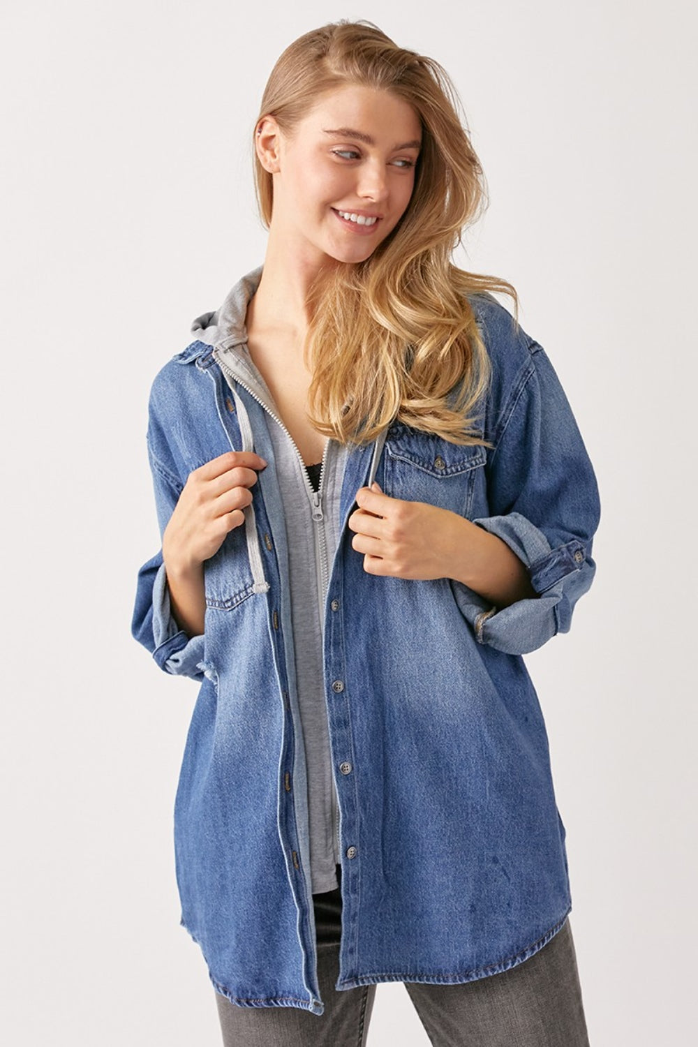 RISEN Zip Up Hooded Denim Shirt Hoodie Trendsi   