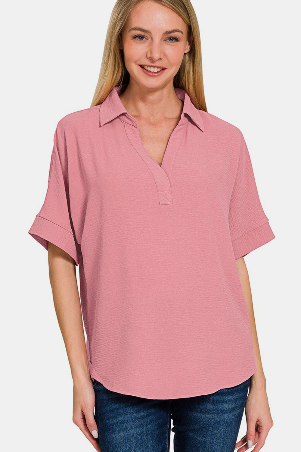 Zenana Texture Collared Neck Short Sleeve Top Top Trendsi Lt Rose S 