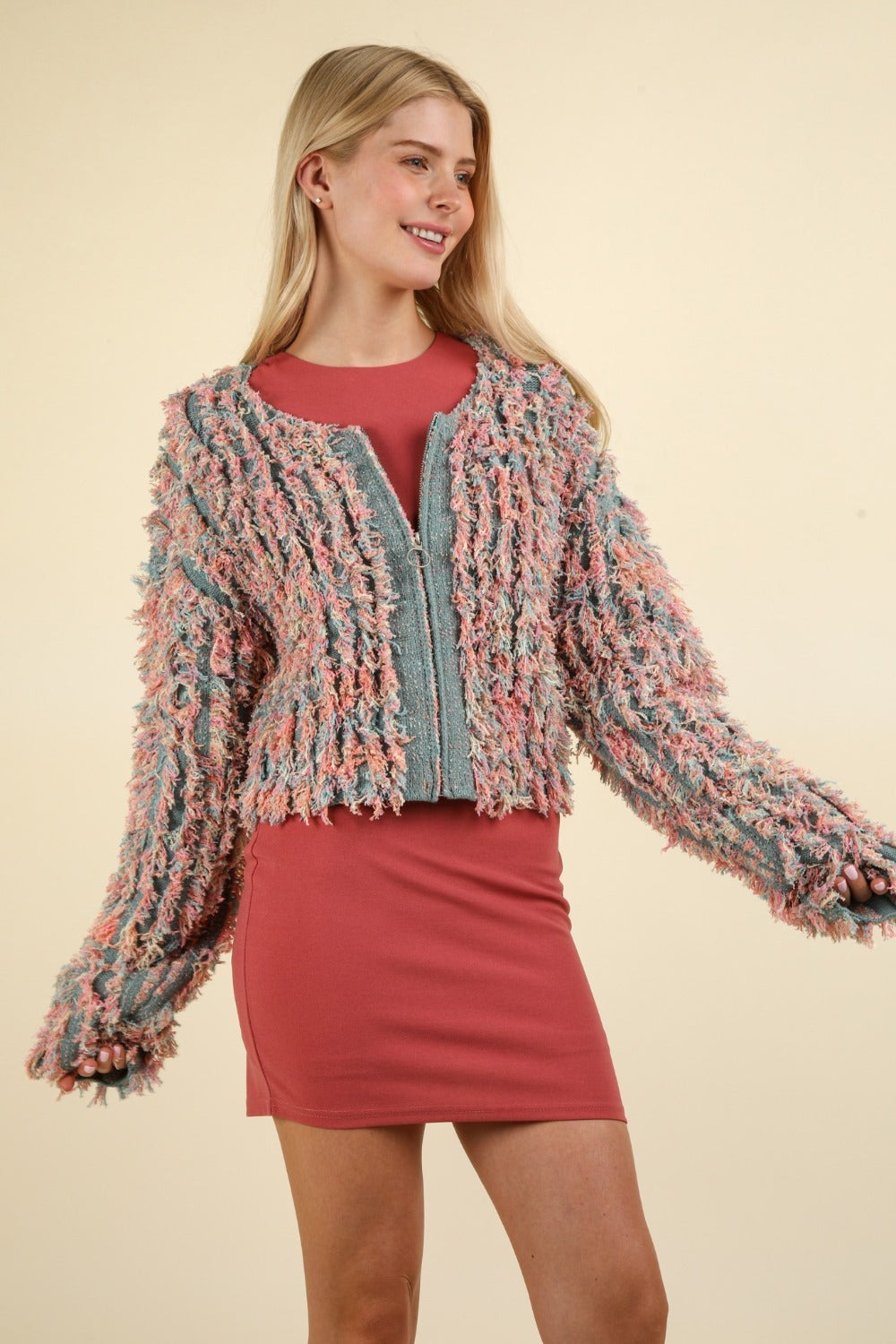 VERY J Shaggy Yarn Knit Zip Up Jacket - NeoKira Unlimited