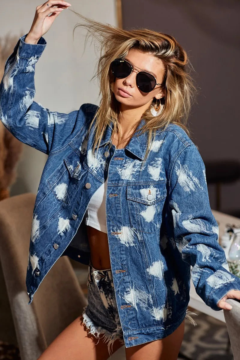 BiBi Washed Tie Dye Denim Jacket | Oversized Casual Streetwear - NeoKira Unlimited