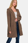 Zenana Hooded Open Front Sweater Cardigan Hooded Sweater Trendsi Brown S 