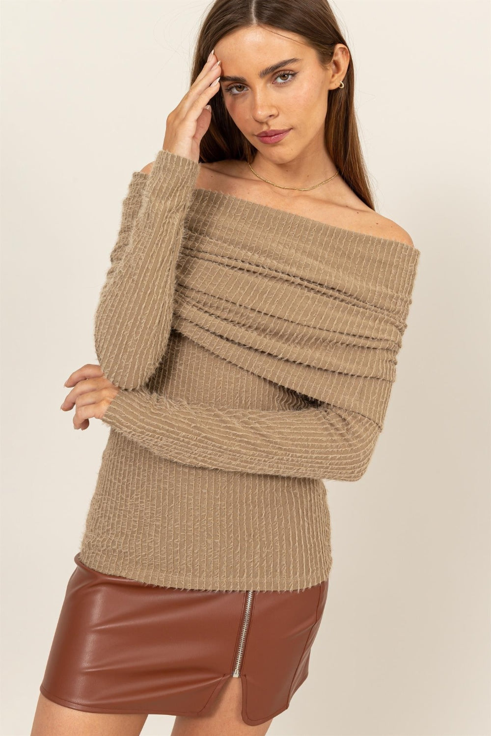 HYFVE Fuzzy Off shoulder Textured Knit Top Top Trendsi Taupe S 