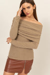 HYFVE Fuzzy Off shoulder Textured Knit Top Top Trendsi Taupe S 