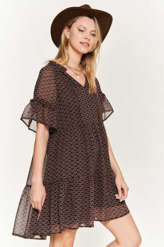 Jade By Jane Romantic Boho Floral V-Neck Mini Dress | Ruffle Sleeve - NeoKira Unlimited