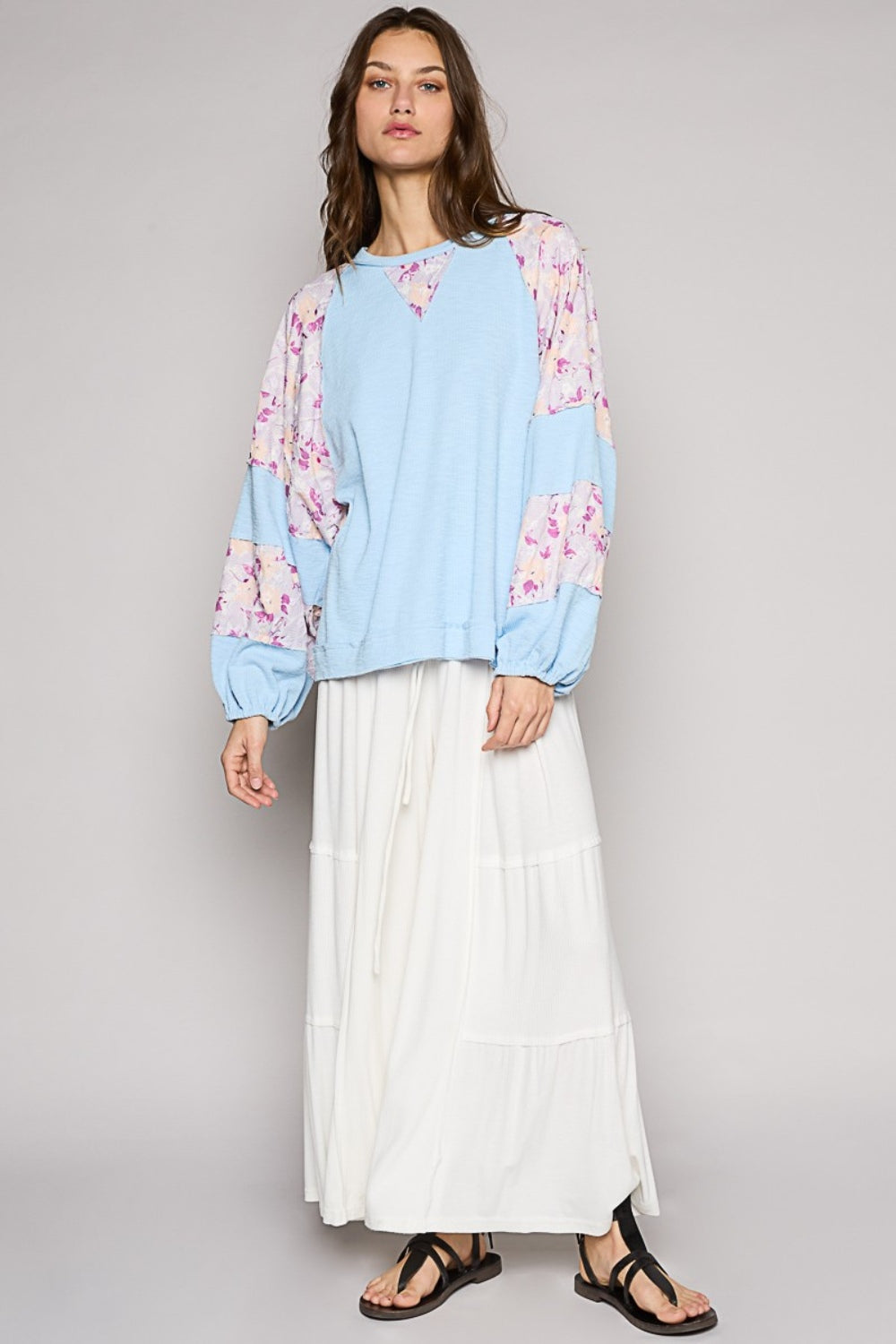 POL Round Neck Balloon Floral Long Sleeve Top - NeoKira Unlimited