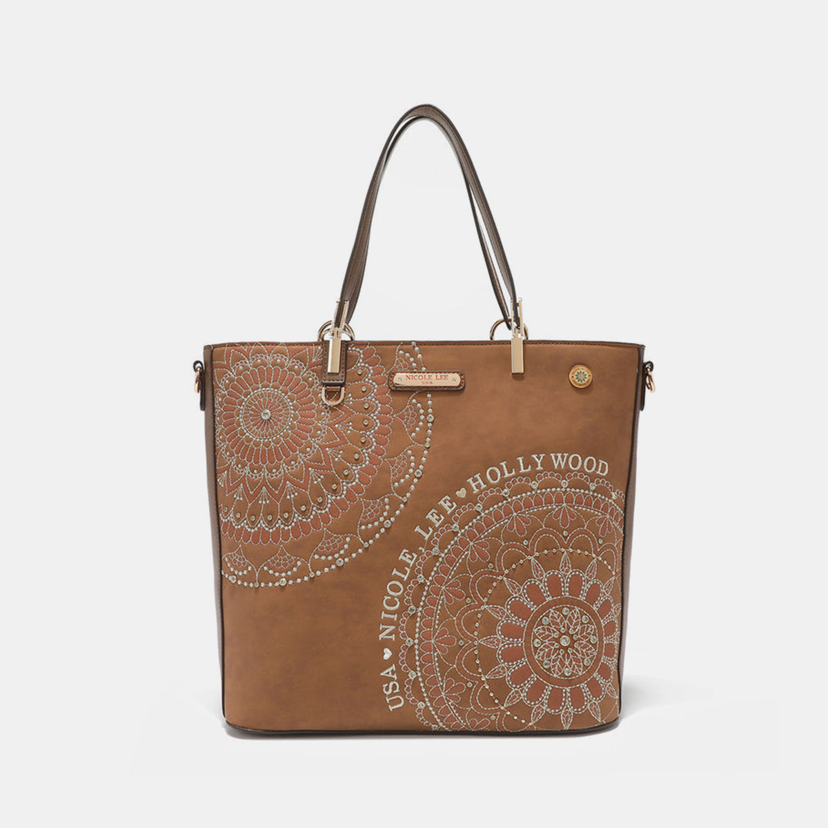 Nicole Lee USA Metallic Stitching Embroidery Inlaid Rhinestone Tote Bag Tote Bag Trendsi Brown One Size 