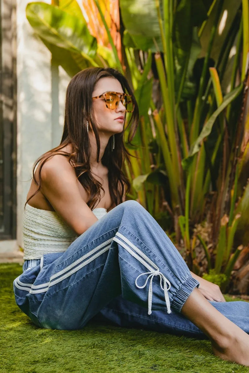 BiBi Striped Tape Details With Bot Tied Point Elastic Waist Jeans - NeoKira Unlimited