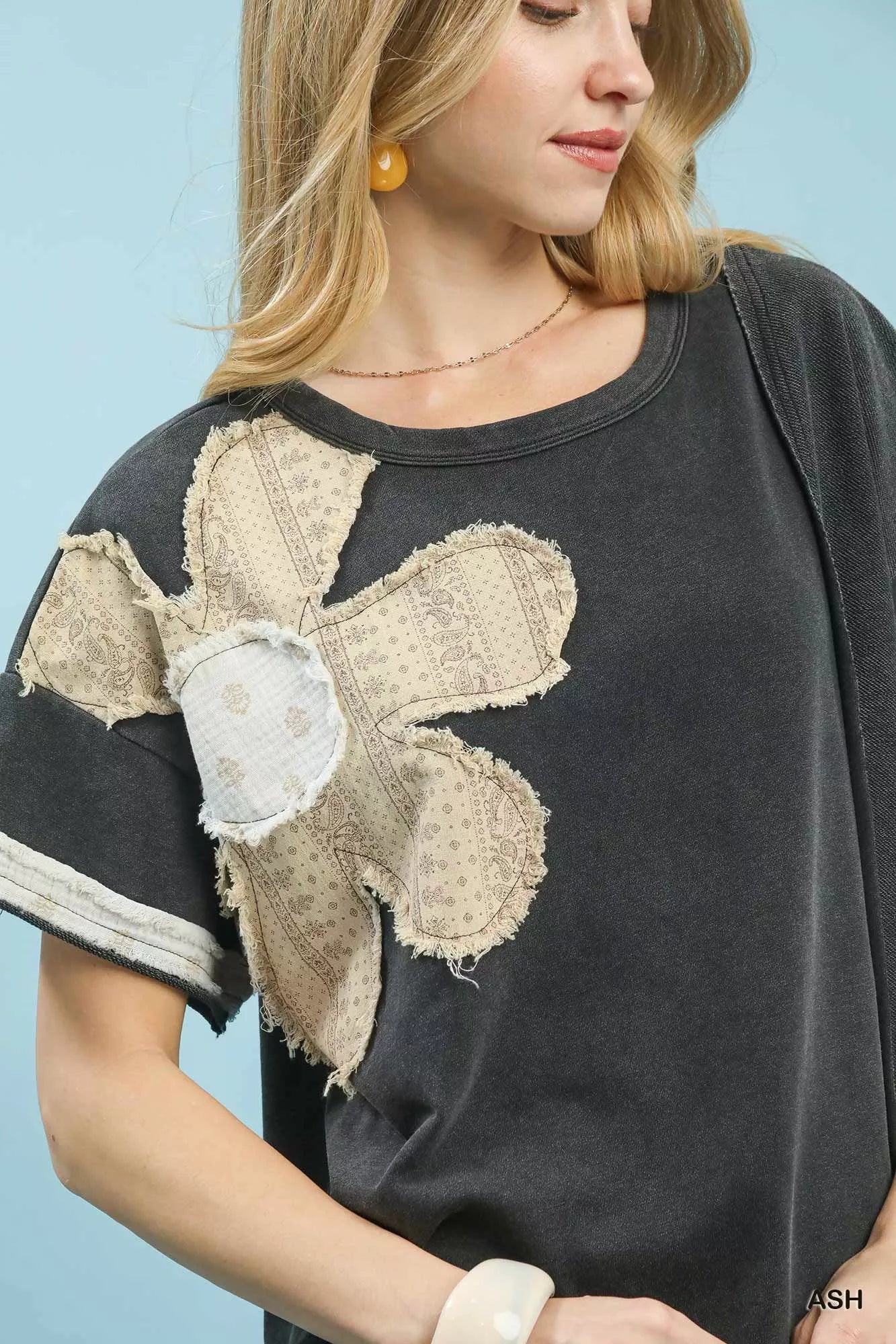 Umgee French Terry Top with Flower Patch Casual Chic - NeoKira Unlimited