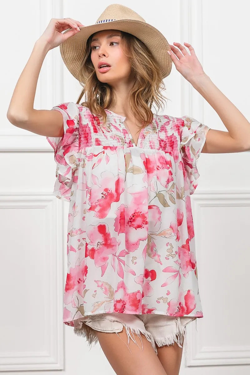BiBi Floral Print Flutter Sheer Top Lightweight Boho Chic Blouse - NeoKira Unlimited