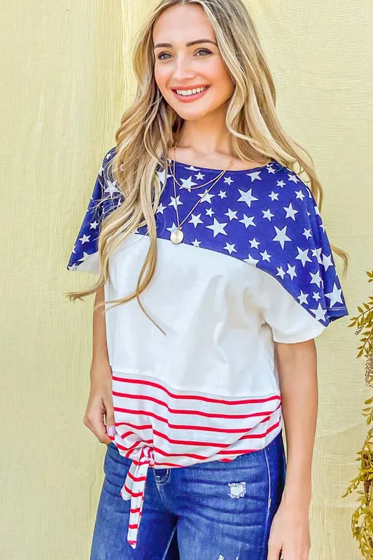 And The Why American Flag Print Tie Knot Front Casual Top - NeoKira Unlimited