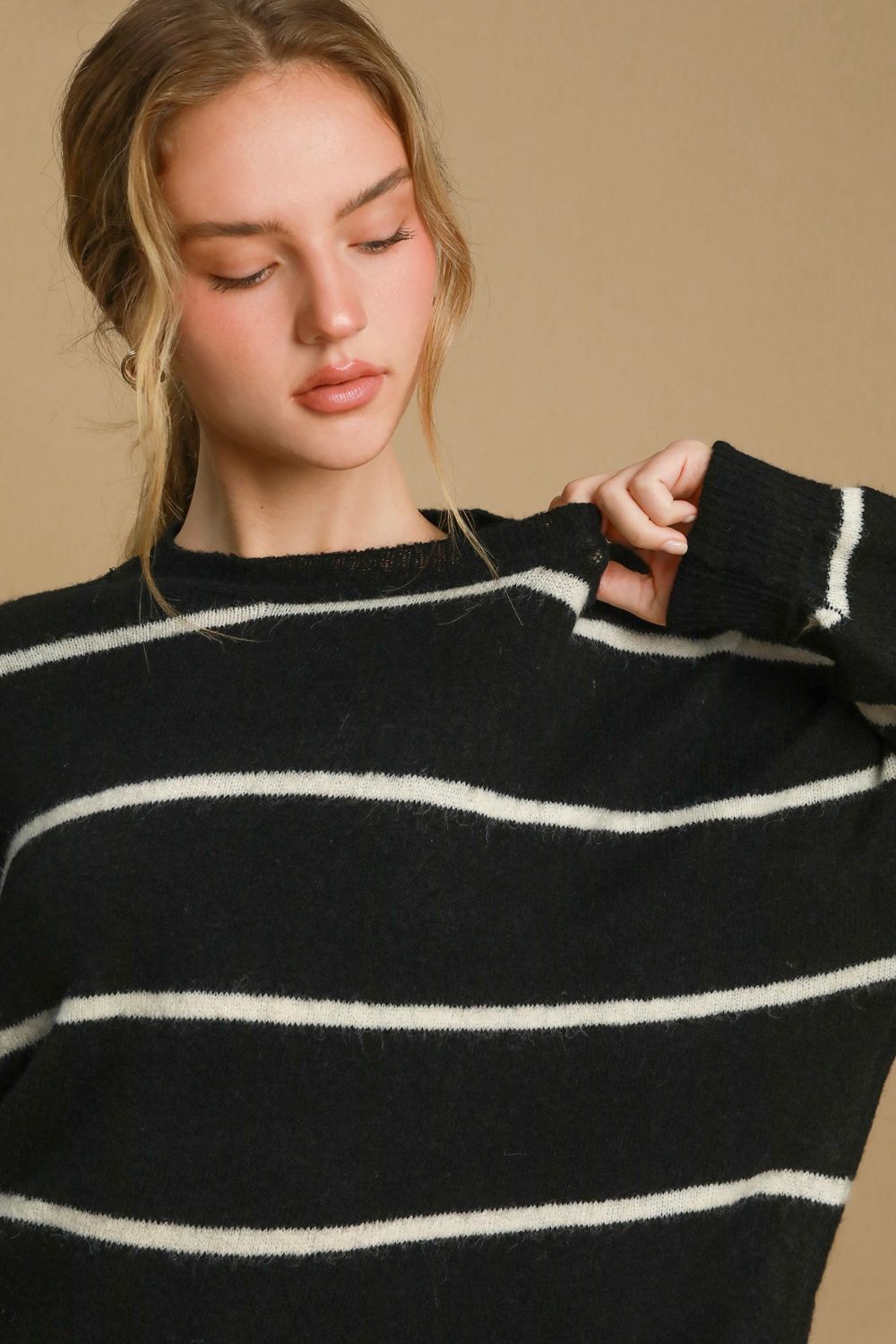 Umgee Wool Blend Striped Round Neck Sweater - NeoKira Unlimited