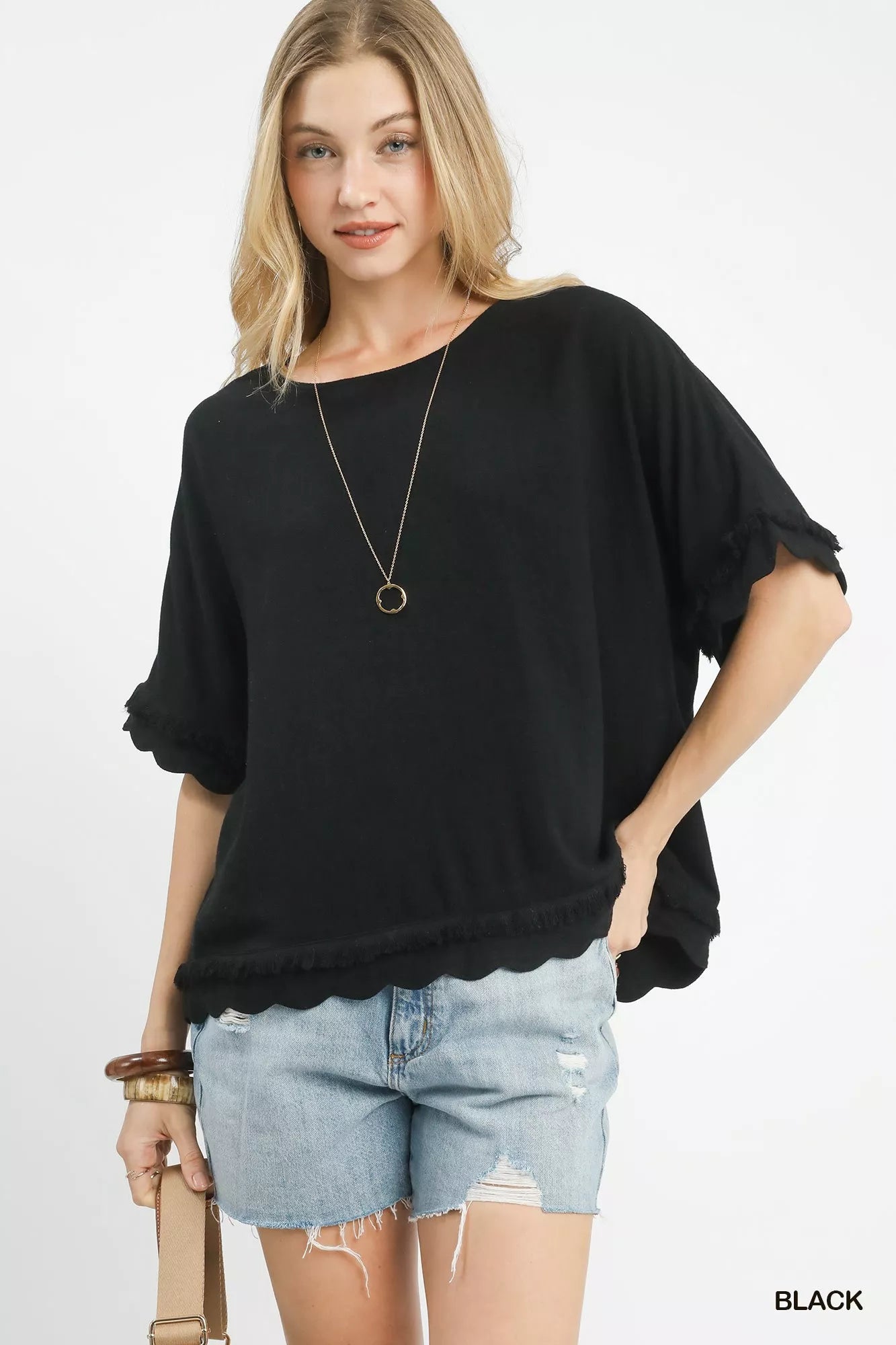 Umgee Linen Frayed Hem Scallop Edge Top Casual Chic - NeoKira Unlimited