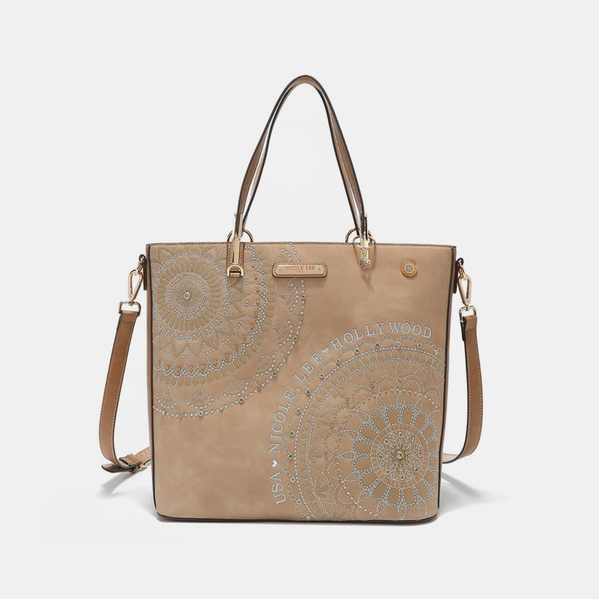 Nicole Lee USA Metallic Stitching Embroidery Inlaid Rhinestone Tote Bag Tote Bag Trendsi   