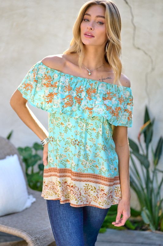 Printed Off Shoulder Smocked Top  Davi & Dani   