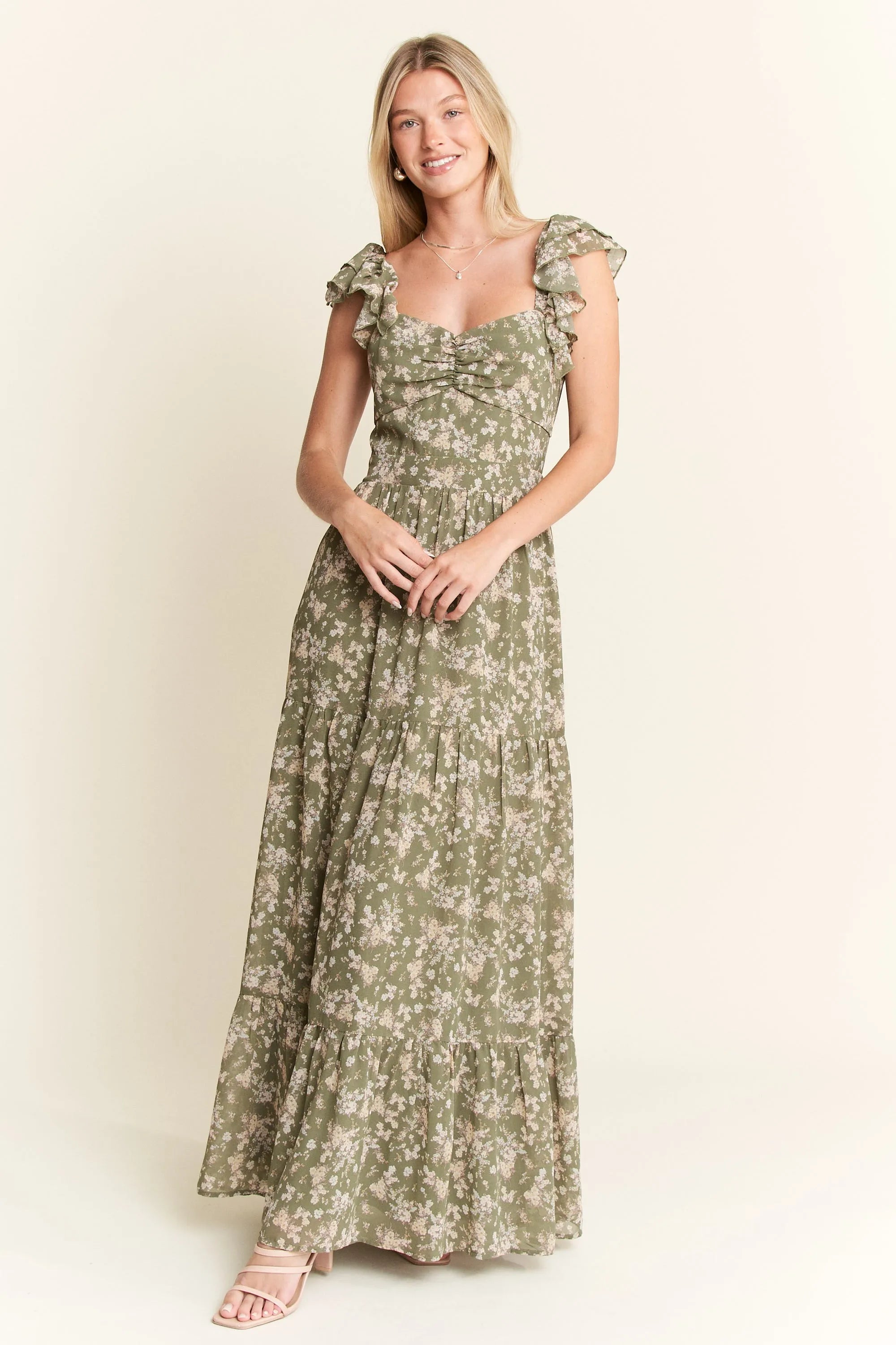 Jade By Jane Sage Green Floral Smocked Tiered Ruffle Sleeves Maxi Dress - NeoKira Unlimited