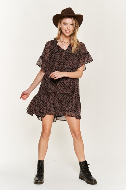 Jade By Jane Romantic Boho Floral V-Neck Mini Dress | Ruffle Sleeve - NeoKira Unlimited