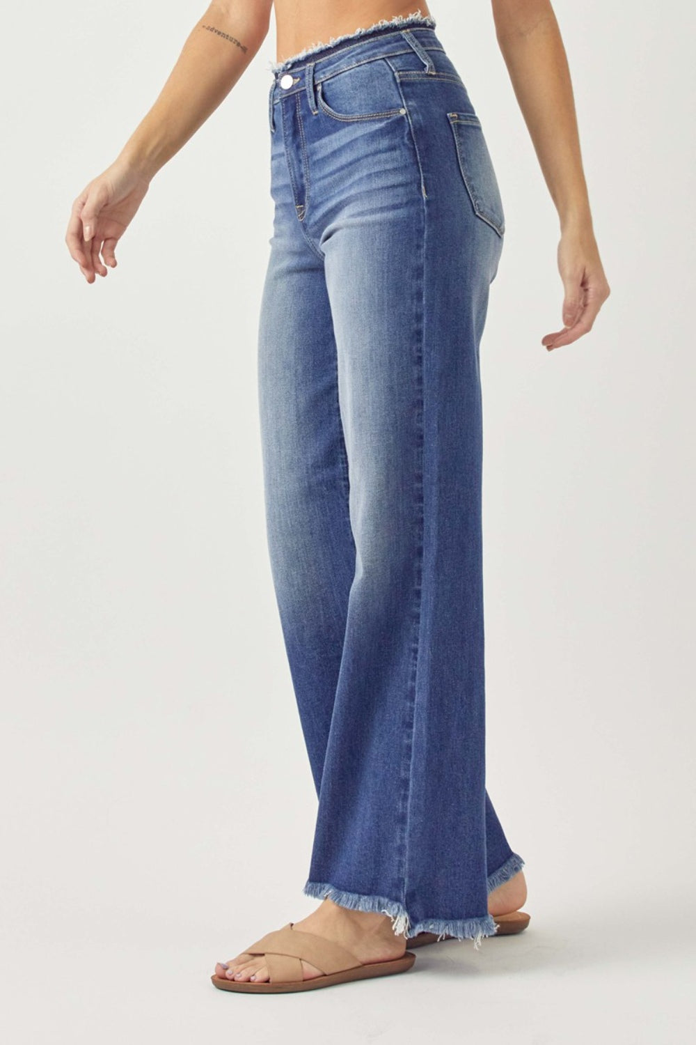 RISEN High Waist Raw Hem Wide Leg Jeans Jeans Trendsi   