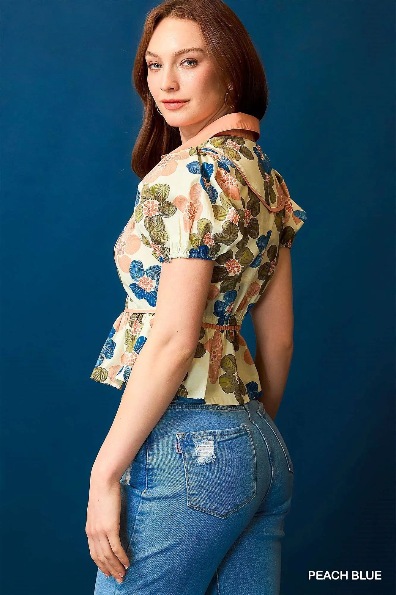 Umgee Vintage Floral Puff Sleeve Cropped Blouse With Peplum Waist - NeoKira Unlimited