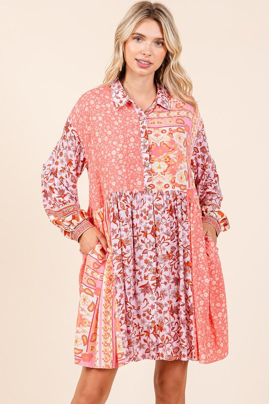 Mittoshop Floral Button Detail Long Sleeve Shirt Dress - NeoKira Unlimited