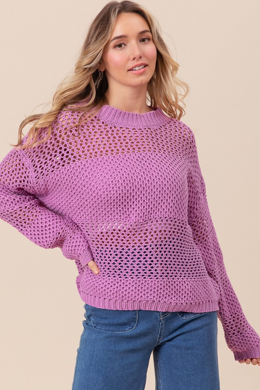 BiBi Openwork Long Sleeve Knit Top Top Trendsi   