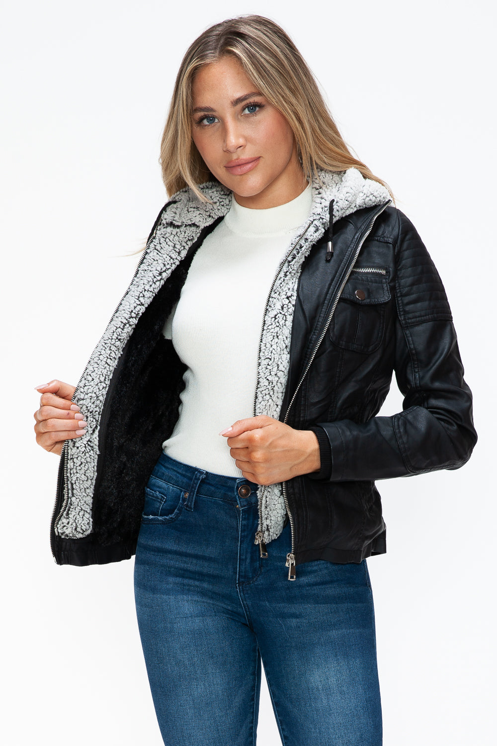 YMI Removable Faux Layered Multi-Pocket Jacket with Fuzzy Hood - NeoKira Unlimited