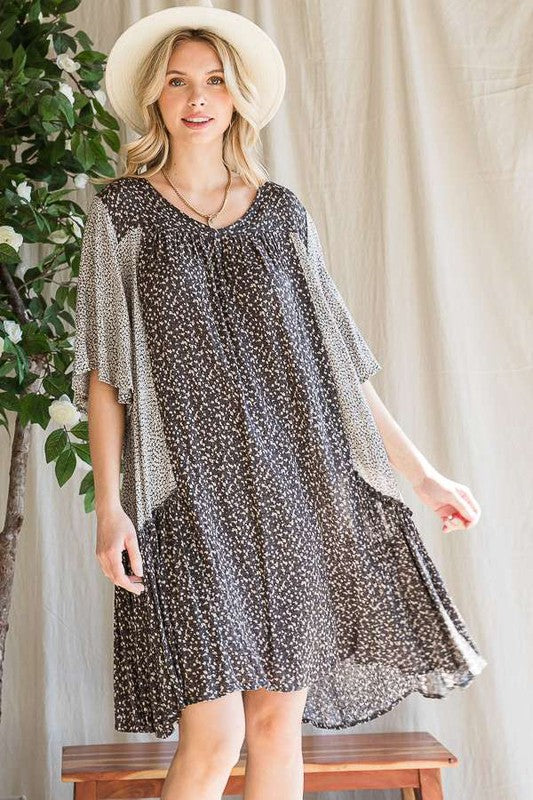 Jade By Jane Boho Chic Relaxed Fit Color Block Floral Print V-Neck Ruffle Dress Plus Size - NeoKira Unlimited