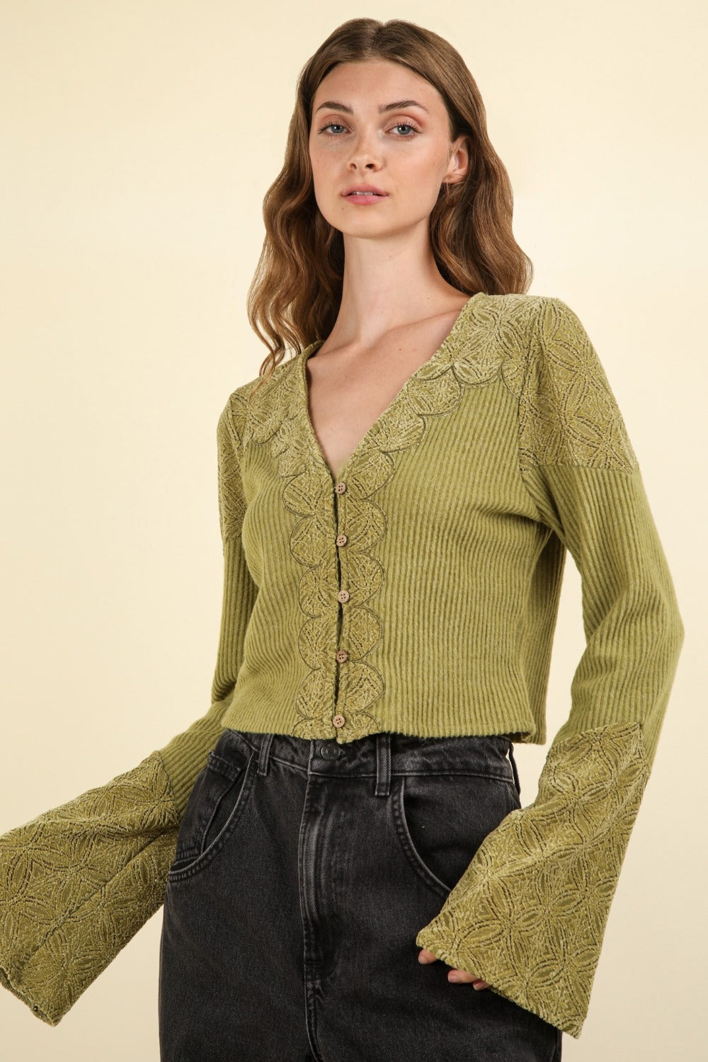 VERY J V-Neck Lace Detail Button Down Crop Ribbed Knit Top - NeoKira Unlimited