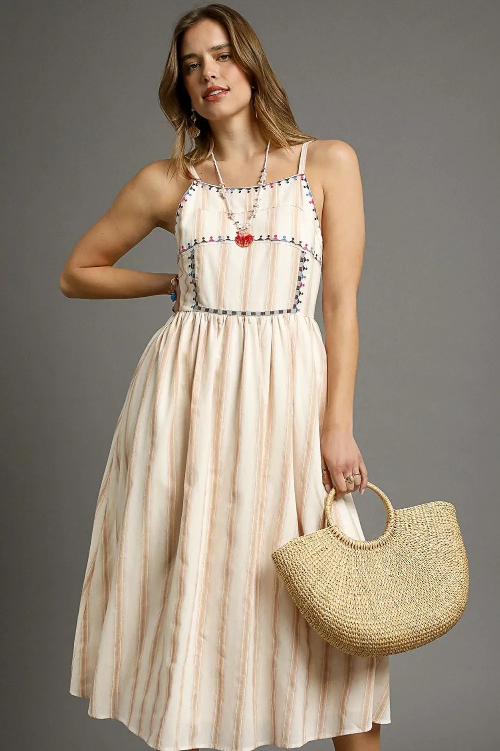 Umgee Striped Beige Midi Dress with Colorful Embroidered Trim Cami Style - NeoKira Unlimited
