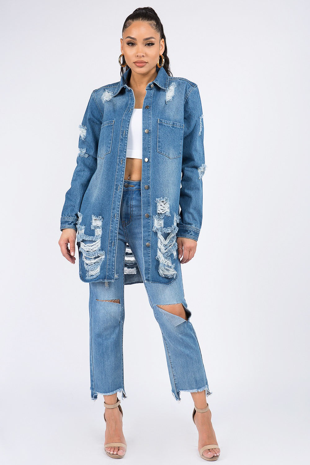 American Bazi Distressed Button Down Denim Shirt Jacket Shirt Trendsi   