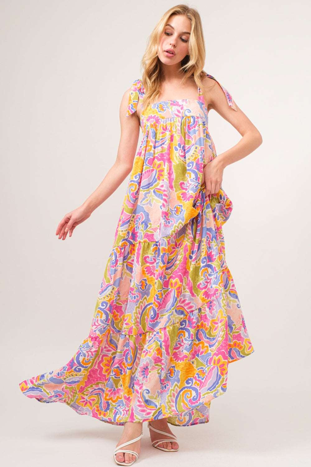 And The Why Full Size Printed Tie Shoulder Tiered Maxi Dress Maxi Dress Trendsi   