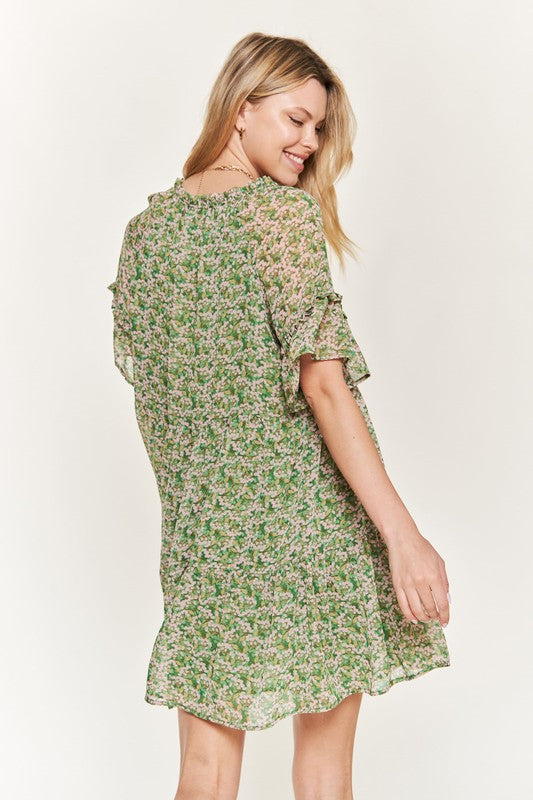 Jade By Jane Boho Floral V-Neck Ruffle Mini Dress | Loose Fit Chic Style - NeoKira Unlimited