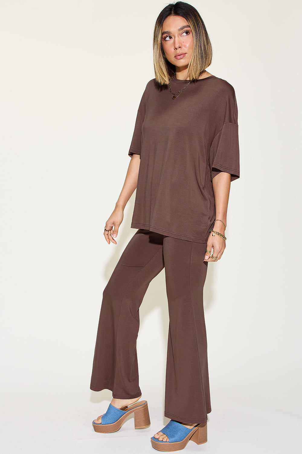 Basic Bae Full Size Bamboo Drop Shoulder T-Shirt and Flare Pants Set Pants Set Trendsi   