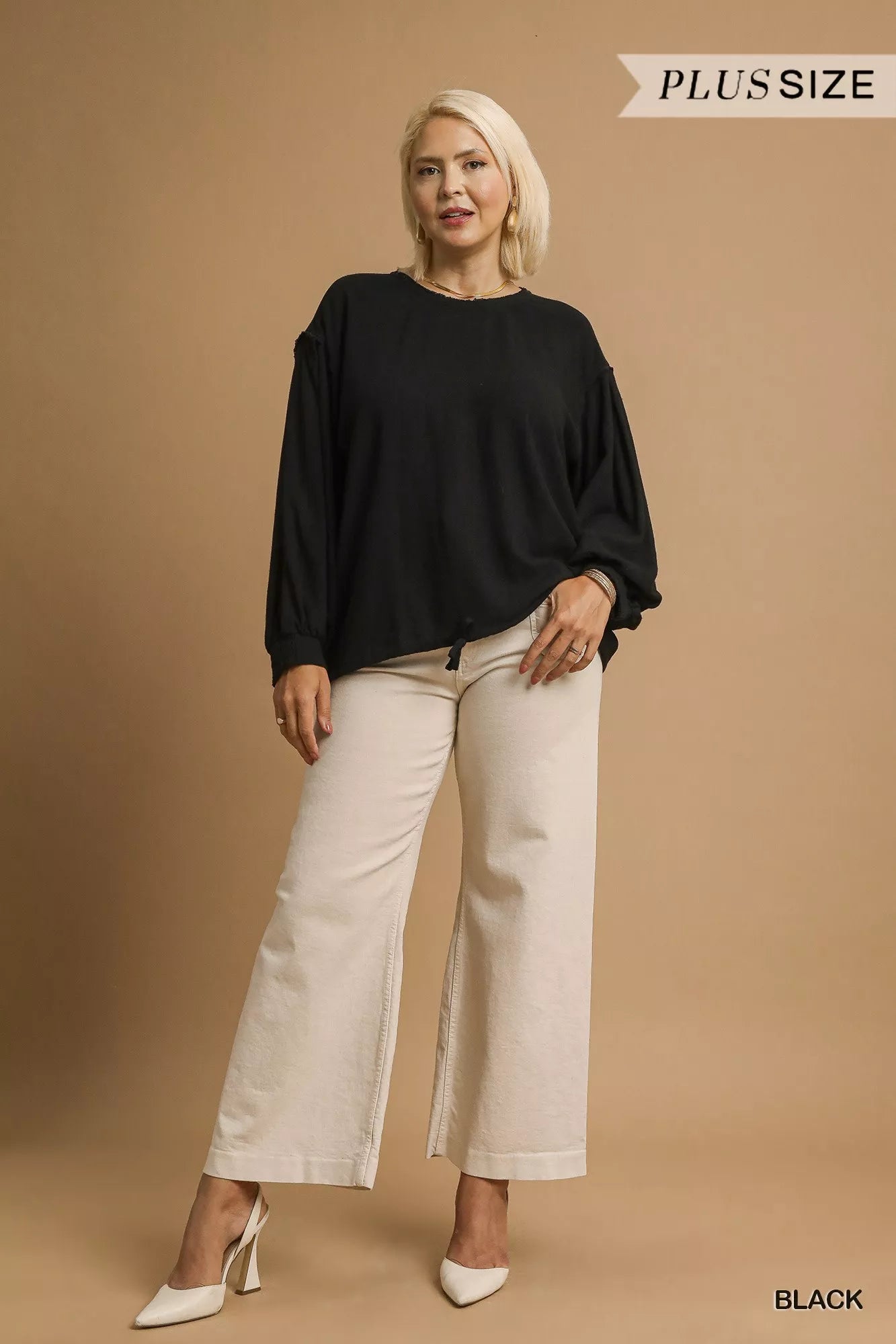 Umgee Linen Long Sleeve Drawstring Top Plus Size Blouse - NeoKira Unlimited