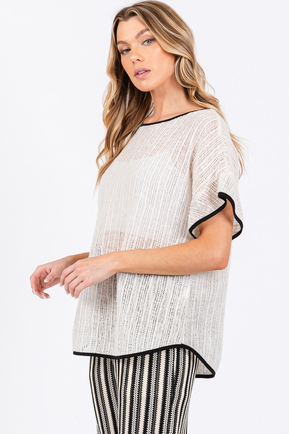 GeeGee Contrast Trim Short Sleeve Knit Cover Up Cover Up Trendsi   