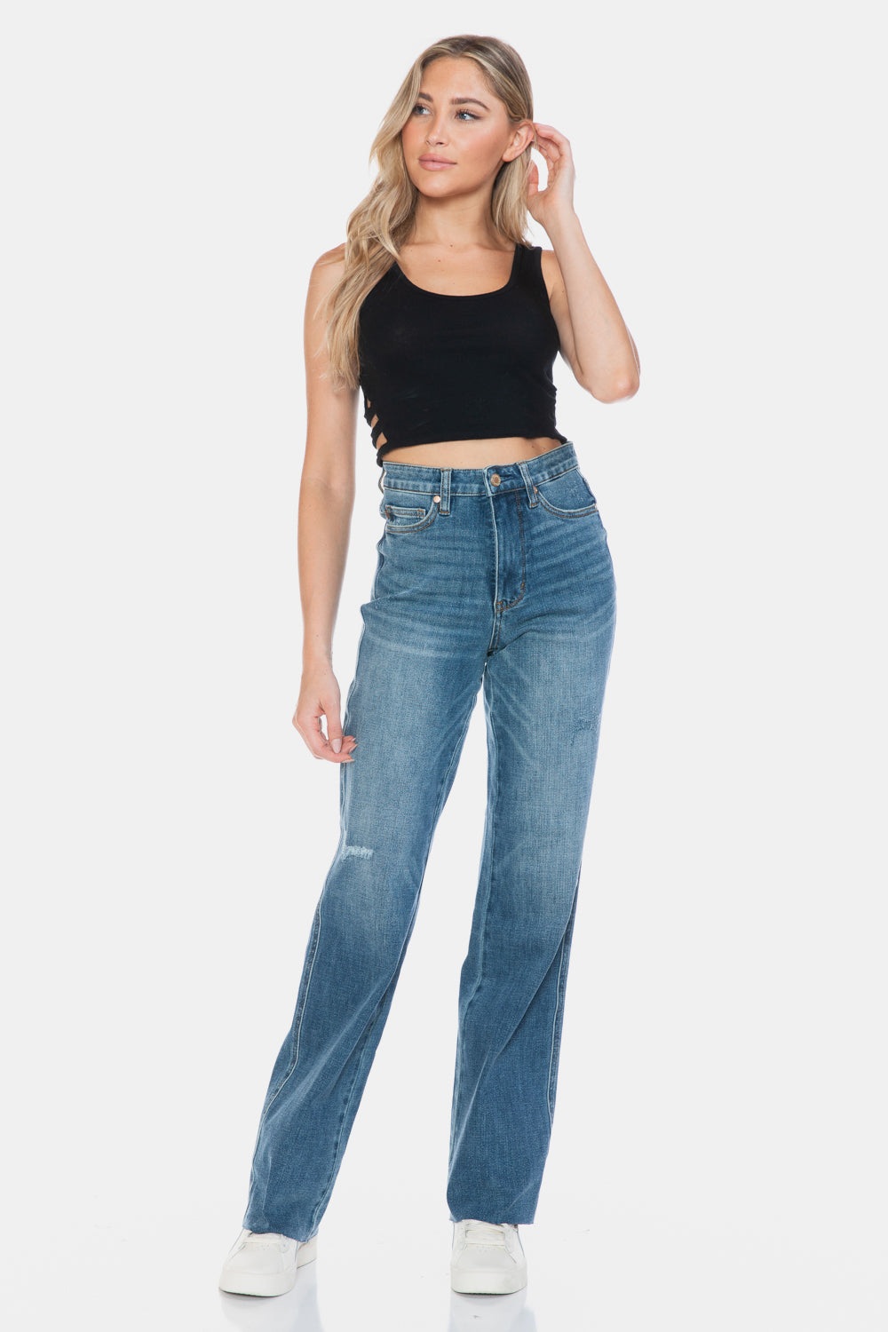 Judy Blue Full Size Tummy Control Cut Raw Hem Straight Jeans - NeoKira Unlimited