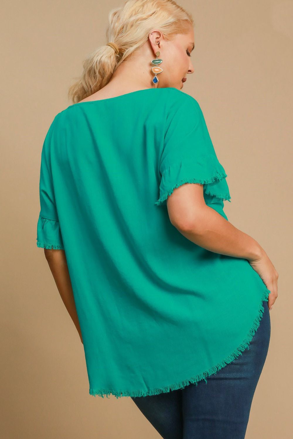 Umgee Full Size Raw Hem Ruffle Short Sleeve Blouse Plus Size - NeoKira Unlimited