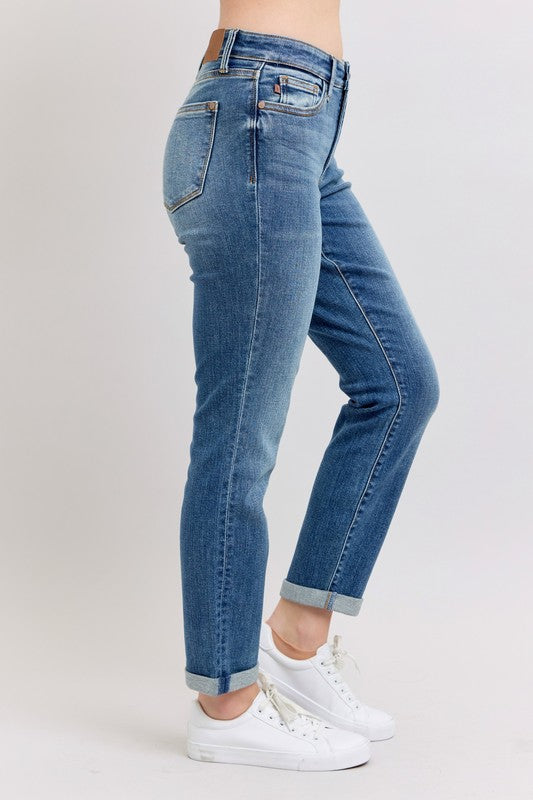 Judy Blue Full Size Mid Rise Skinny Cuff Jeans with Pockets Plus Size - NeoKira Unlimited